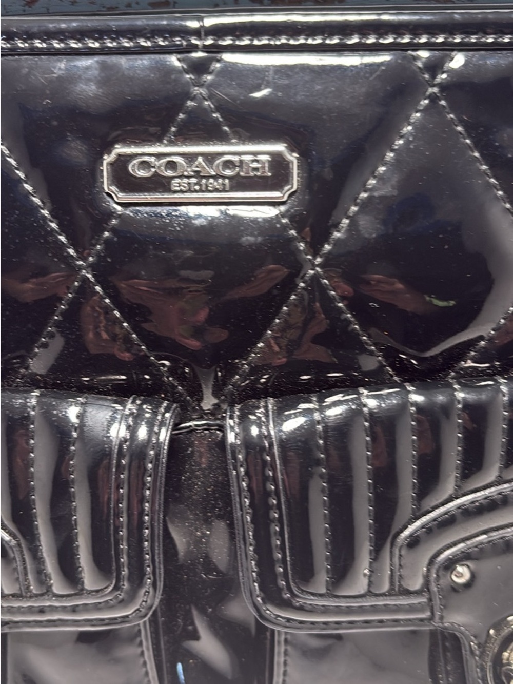 Coach Black Quilted Patent Leather Backpack